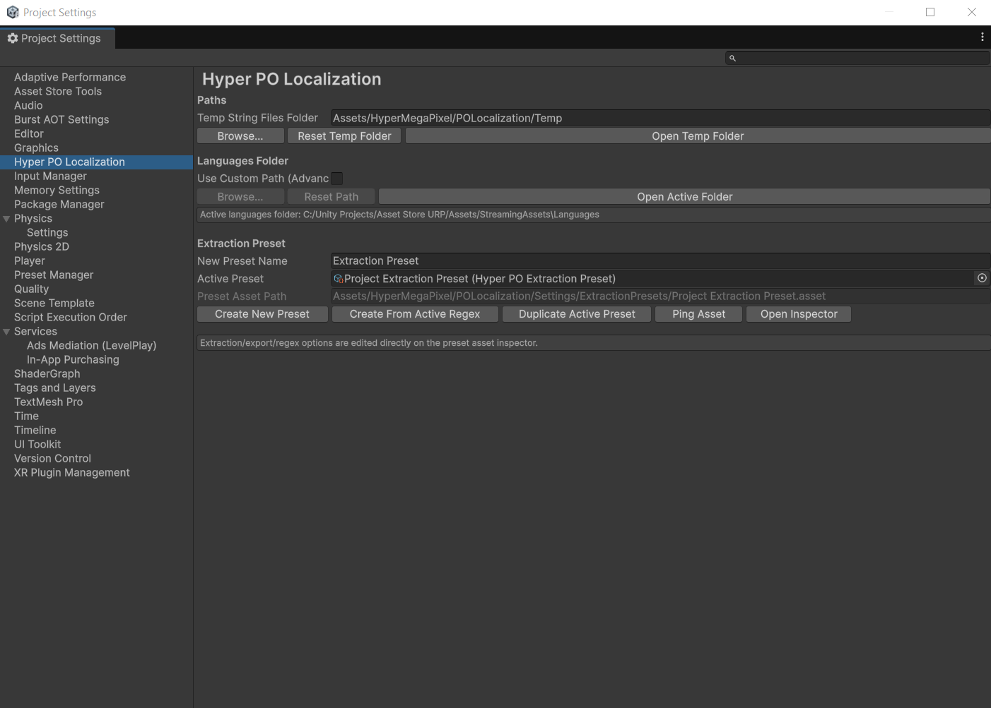 Unity Project Settings - Hyper PO Localization